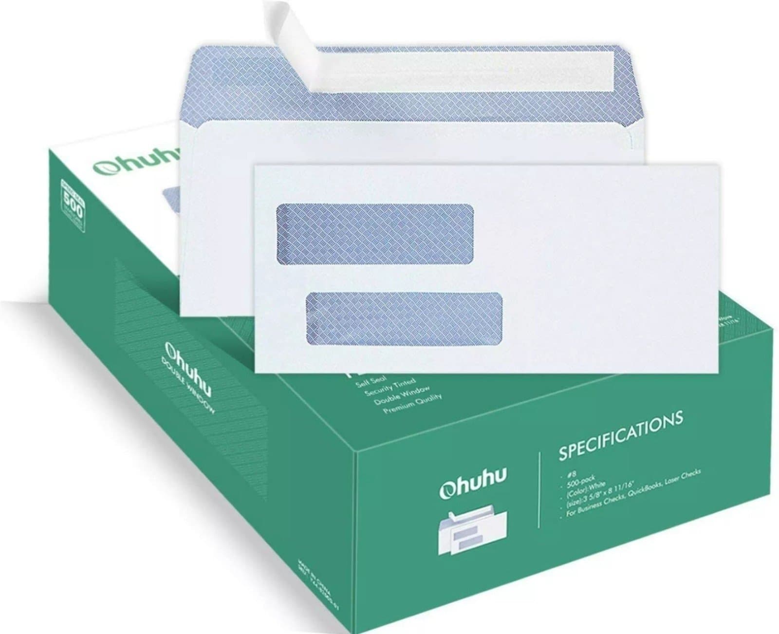 500 Count #8 Double Window Envelopes SELF SEAL Business Mailing 3 5/8" x8 11/16" - Image 1