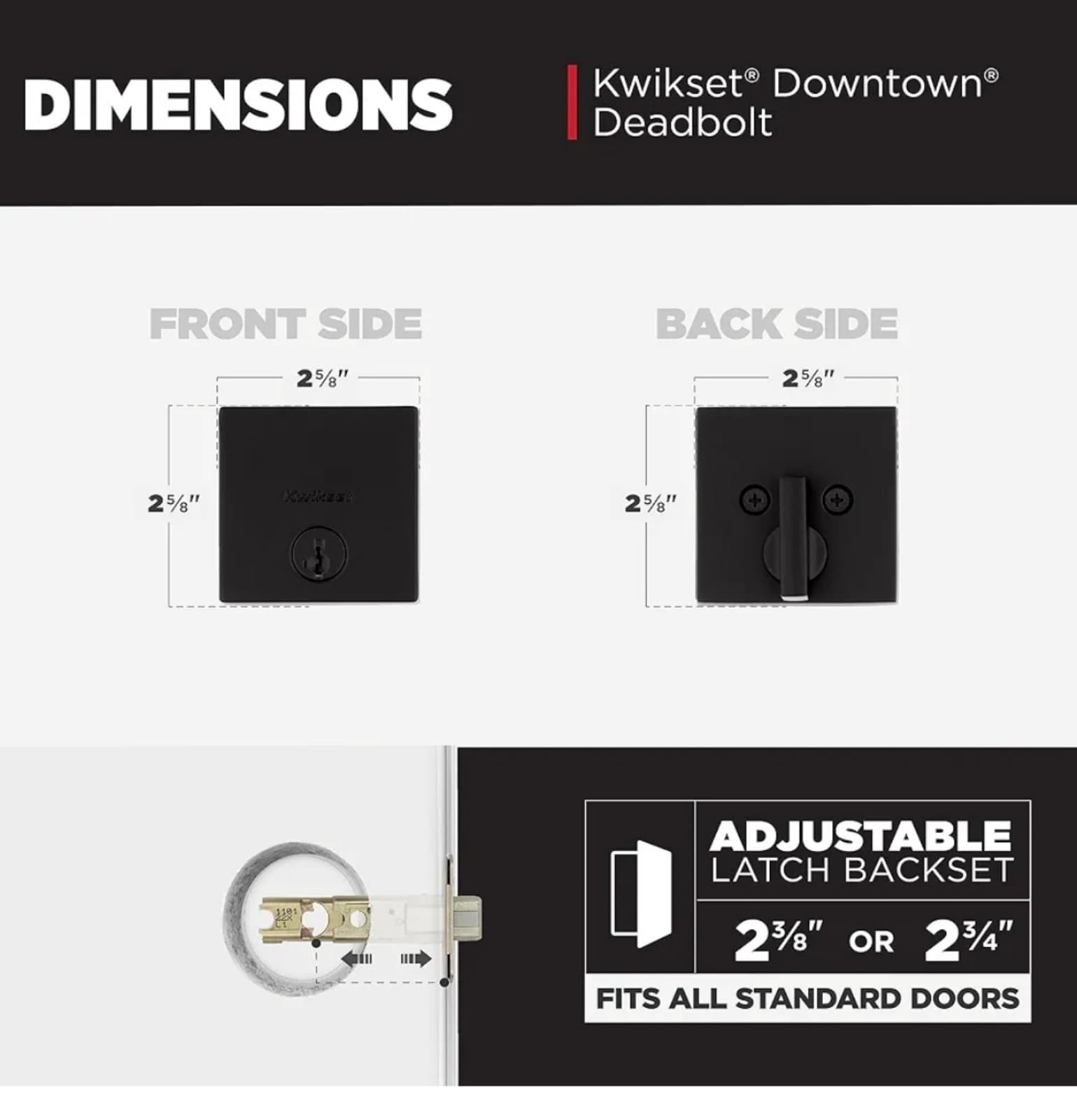 Kwikset Downtown Deadbolt Lock, Matte Black Square Exterior Keyed Front Entry Do - Thumbnail 7