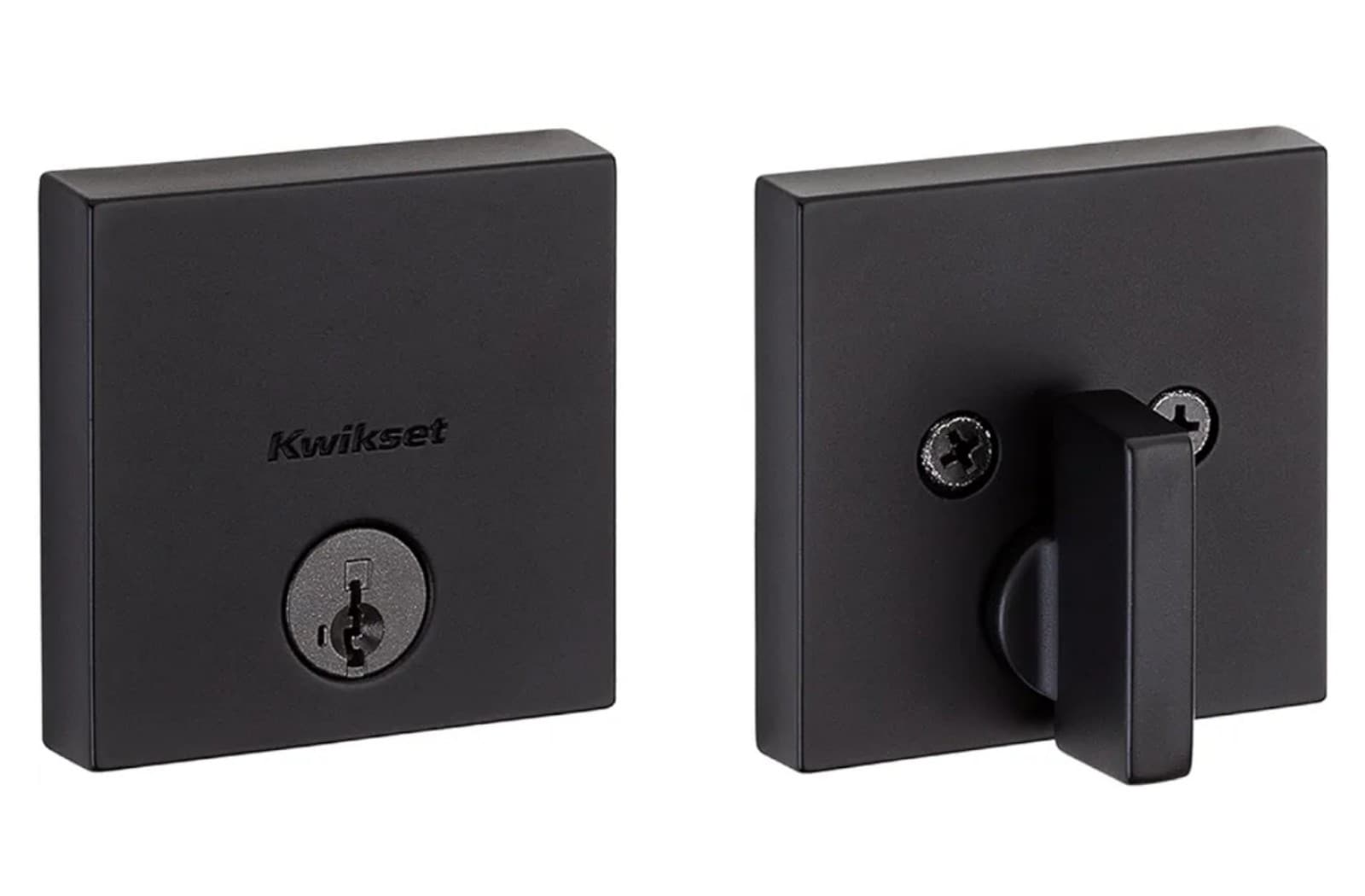 Kwikset Downtown Deadbolt Lock, Matte Black Square Exterior Keyed Front Entry Do - Thumbnail 2