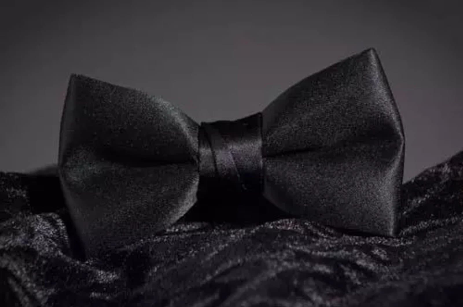 Real Black Satin Bow Tie Banded Tuxedo Adj. Neck 13" - 23.5" - Image 1
