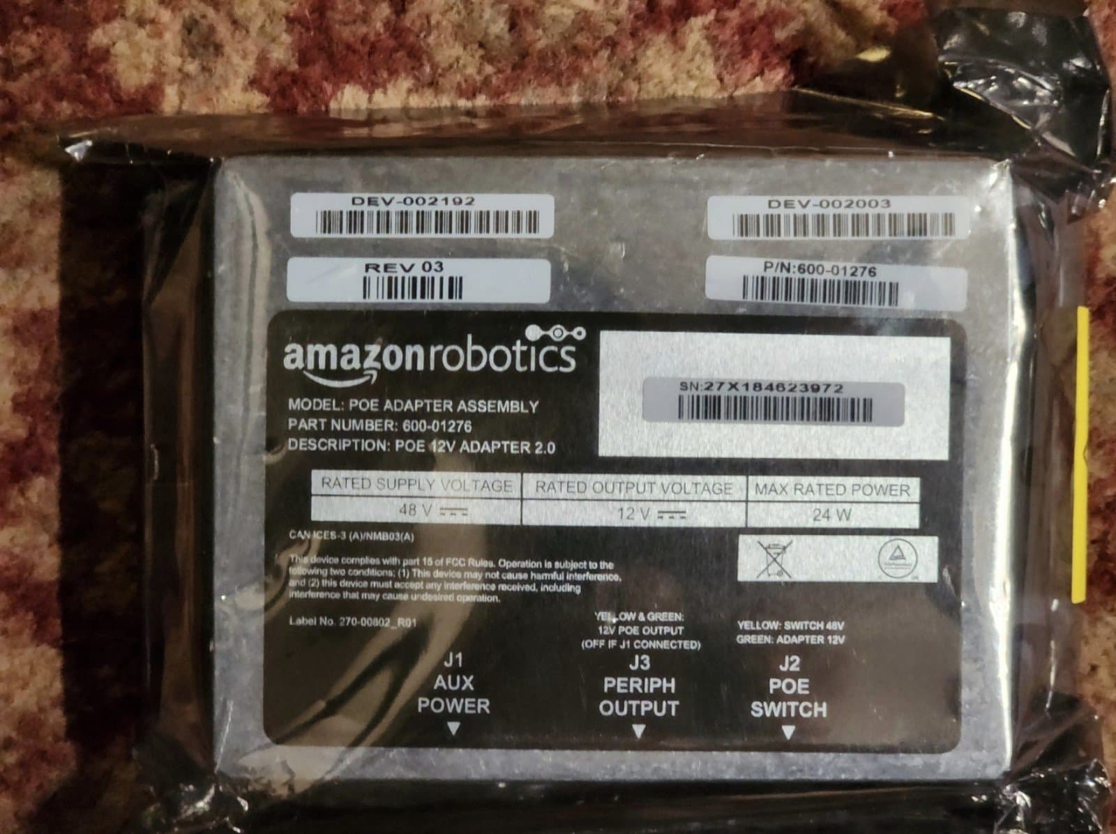 Amazon Robotics PoE Adapter Assembly 600-01276 48v 12v 24w AUX RJ45 Ethernet AMZ - Image 1