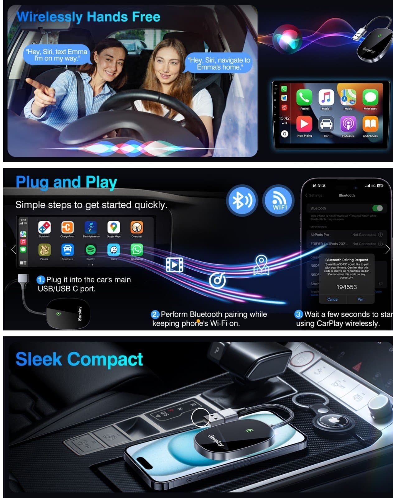 Wireless CarPlay Adapter 2024 Upgraded, Converts Factory Wired CarPlay to Wirele - Thumbnail 3