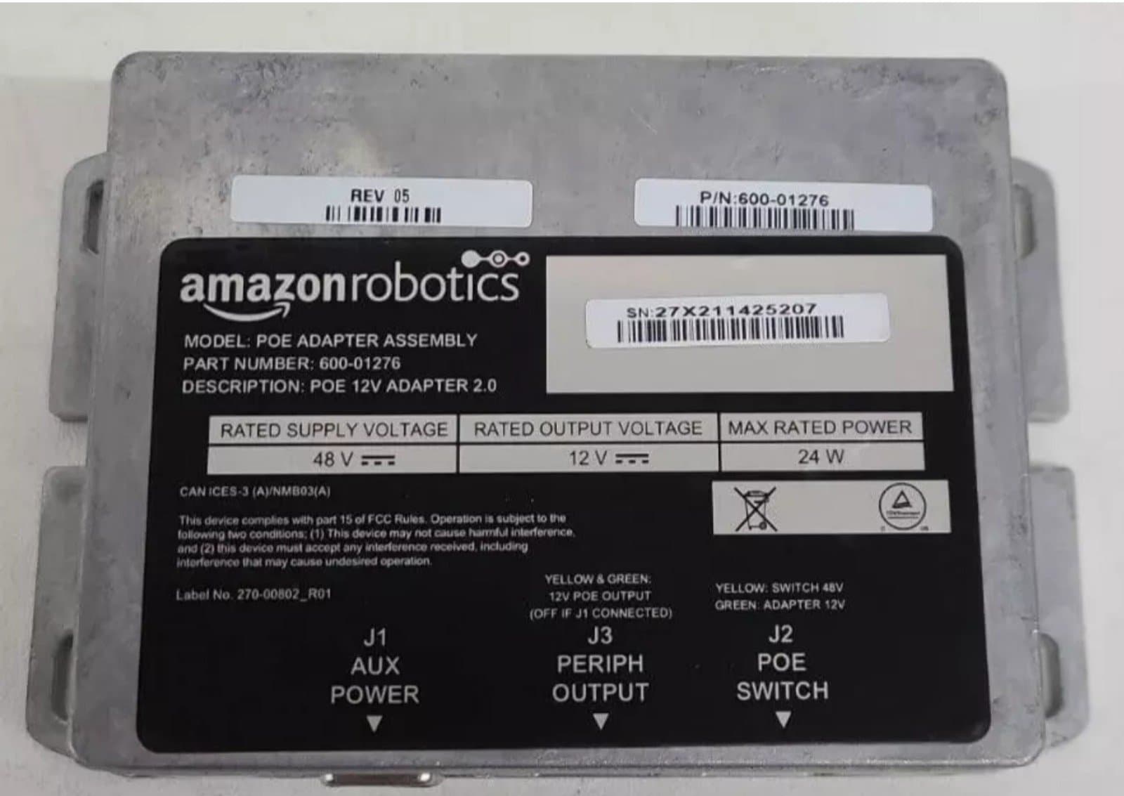 Amazon Robotics PoE Adapter Assembly 600-01276 48v 12v 24w AUX RJ45 Ethernet AMZ - Thumbnail 2