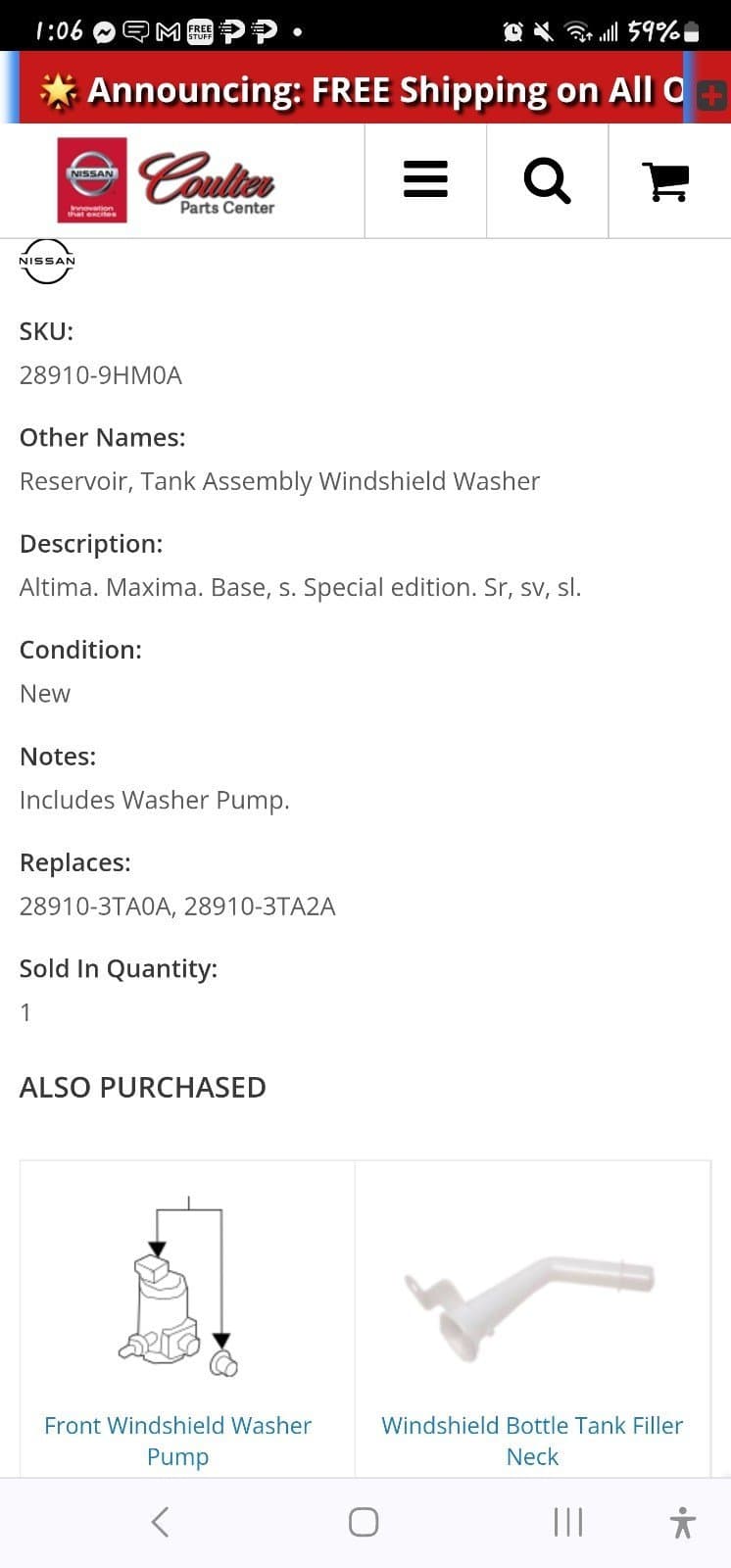 Nissan Altima Washer Fluid Tank 28910-9HM0A Fill Neck & Tube Included - Thumbnail 4