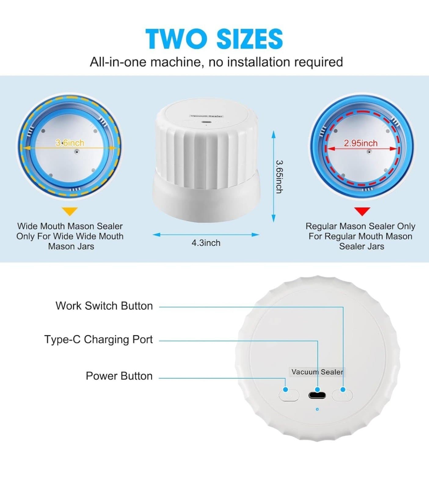 Electric Mason Jar Vacuum Sealer Kit :Cordless Vacuum Sealer Kit for Wide Mouth - Thumbnail 3