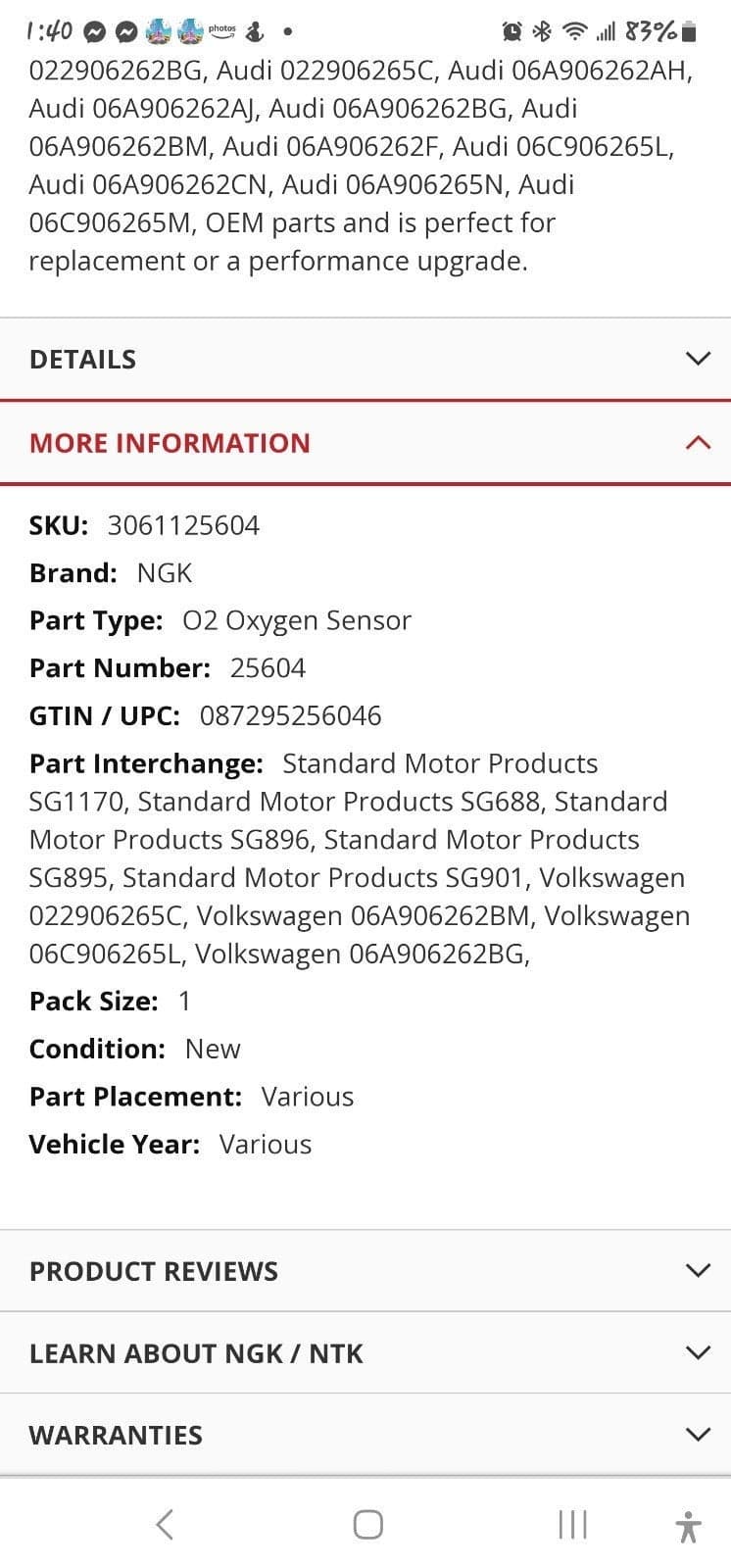 Voltswagen NGK 25604 Oxygen Sensor - Thumbnail 3