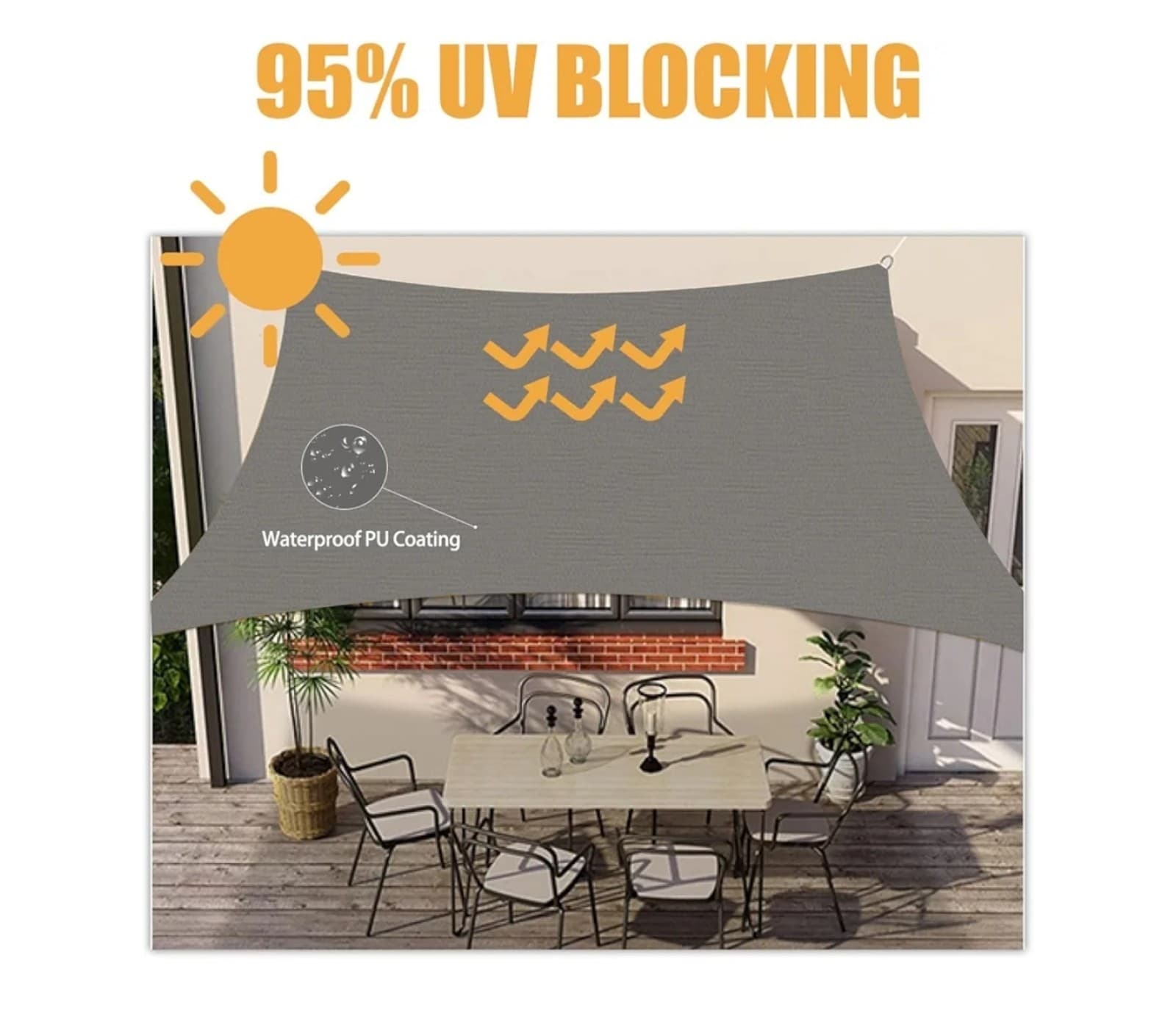 Sun Shade Waterproof Canopy Effectively 95% UV Block 6.5'x10' - Thumbnail 3