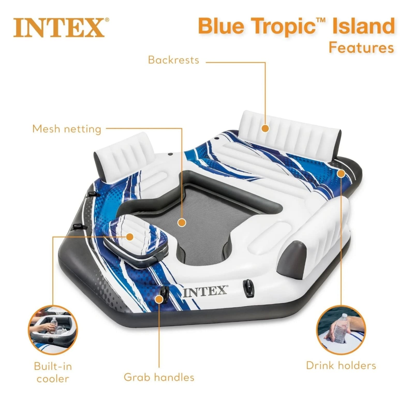 Intex Blue Tropic Inflatable Lake Island Water Float with Cooler and Cupholders - Thumbnail 4