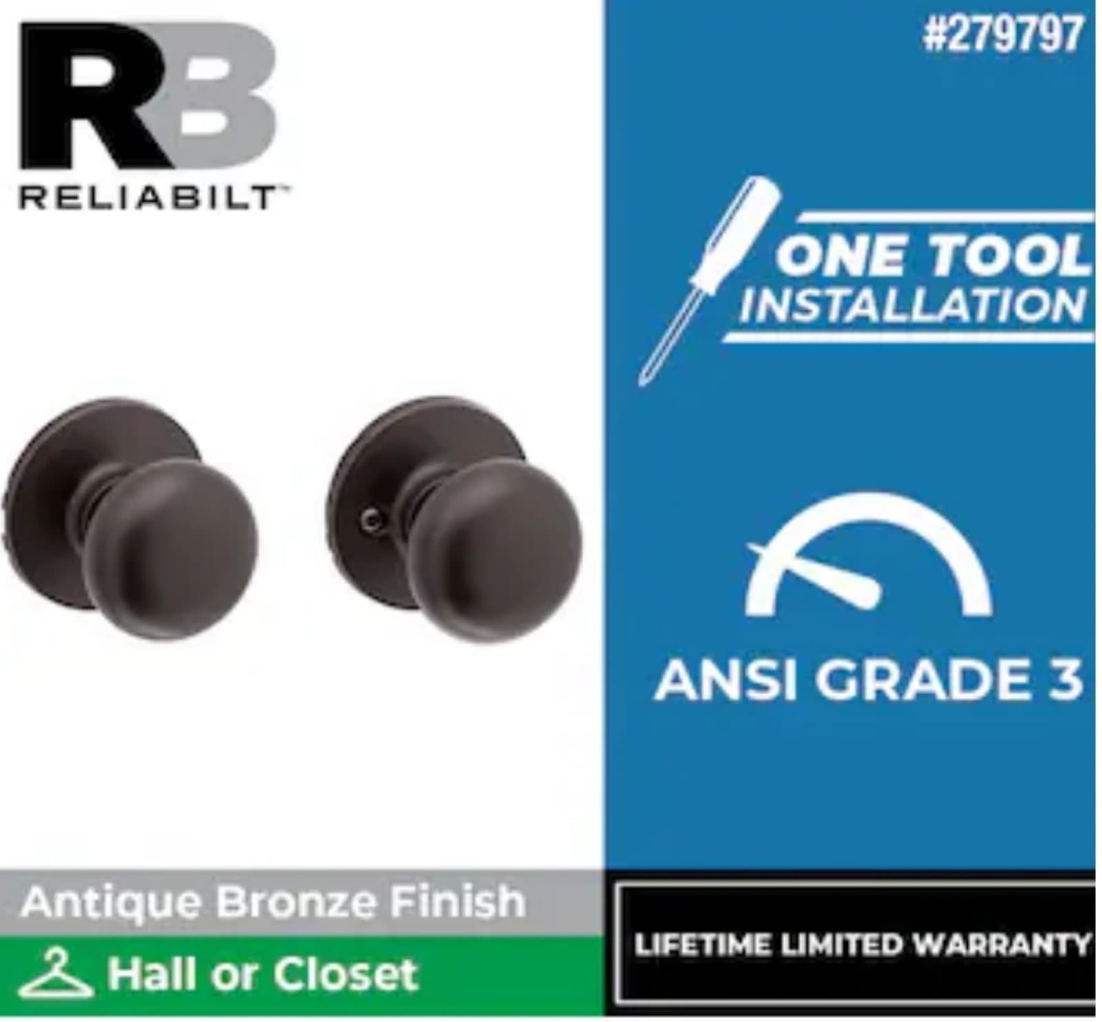 Door Knobs RELIABILT Baron Antique Bronze Interior Hall/Closet Passage Door Knob - Thumbnail 2