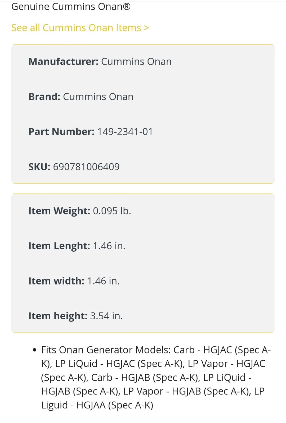 OEM Onan Cummins generator fuel filter, model number 0149-2341 - Thumbnail 2
