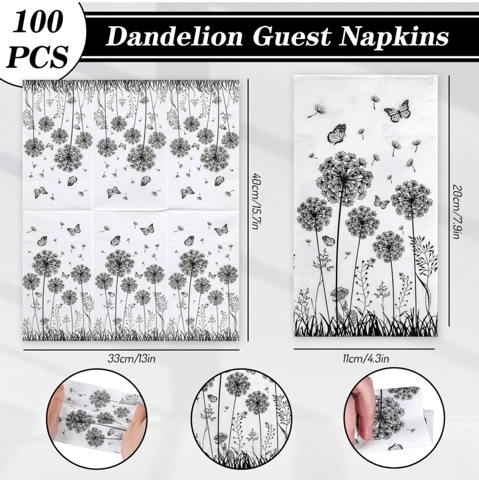 Butterfly & Dandelion Guest Napkins 2 Ply Disposable Paper Napkins 100ct - Thumbnail 2