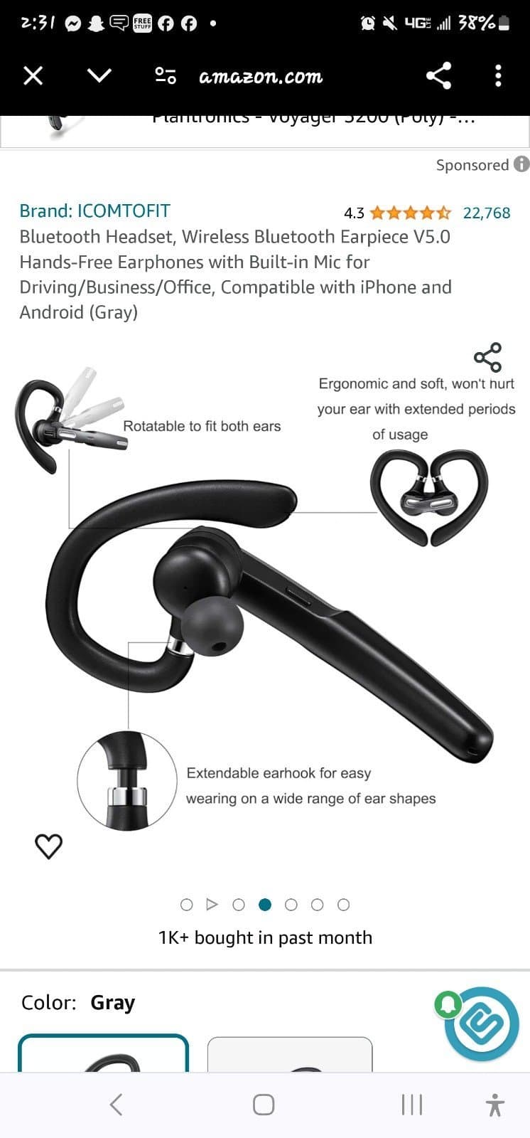 Bluetooth Headset, Wireless Bluetooth Earpiece V5.0 Hands-Free Earphones with Bu - Thumbnail 3