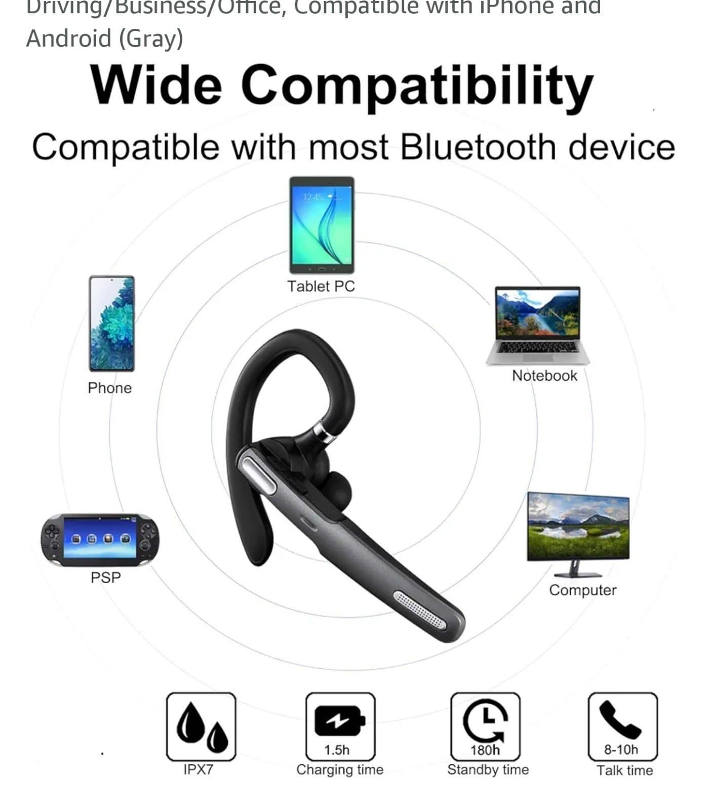 Bluetooth Headset, Wireless Bluetooth Earpiece V5.0 Hands-Free Earphones with Bu - Thumbnail 5