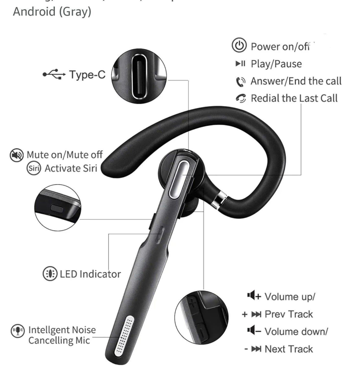 Bluetooth Headset, Wireless Bluetooth Earpiece V5.0 Hands-Free Earphones with Bu - Thumbnail 2