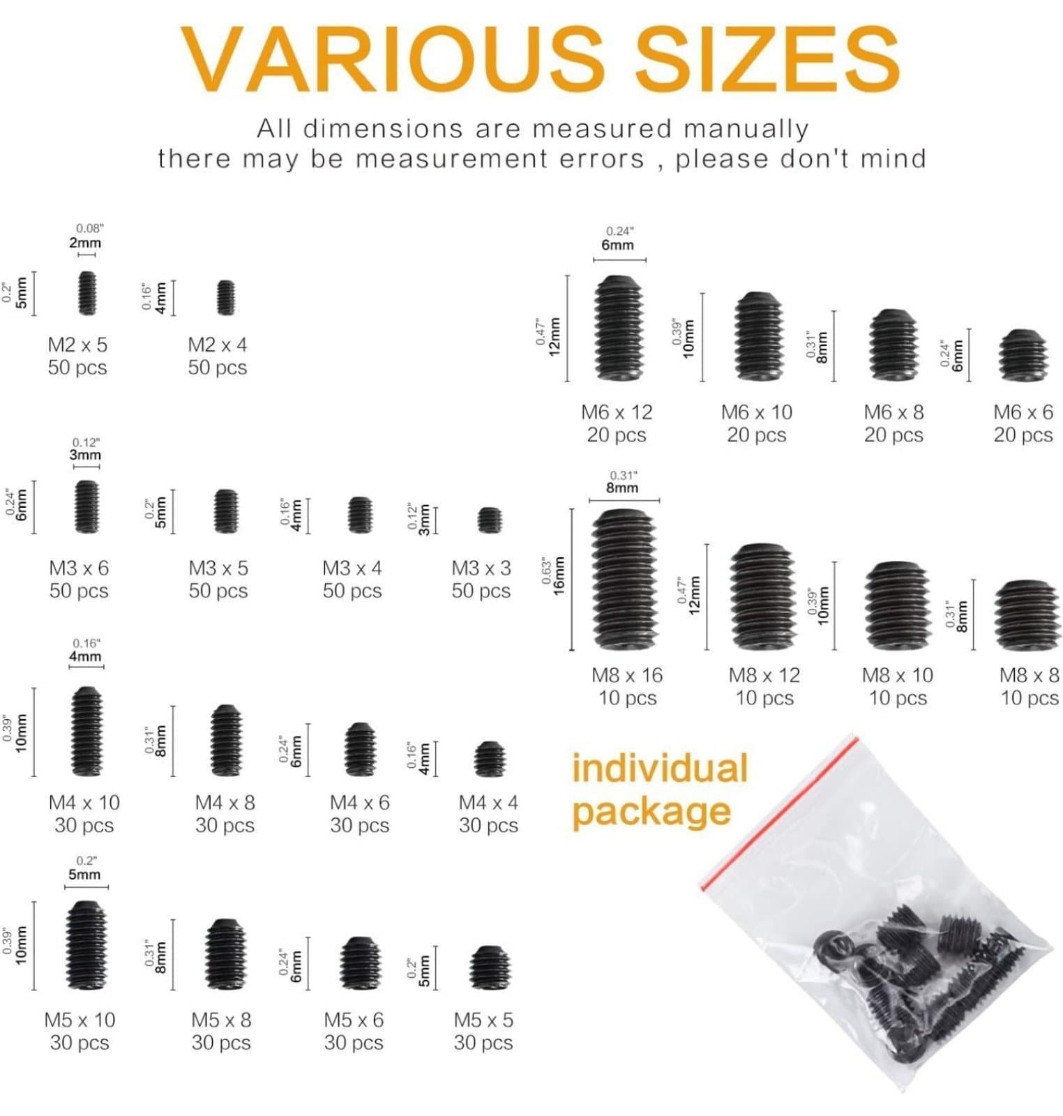 Metric Set Screw Set 916 Carbon Steel 580piece M3/M4/M5/M6/M8 - Thumbnail 2