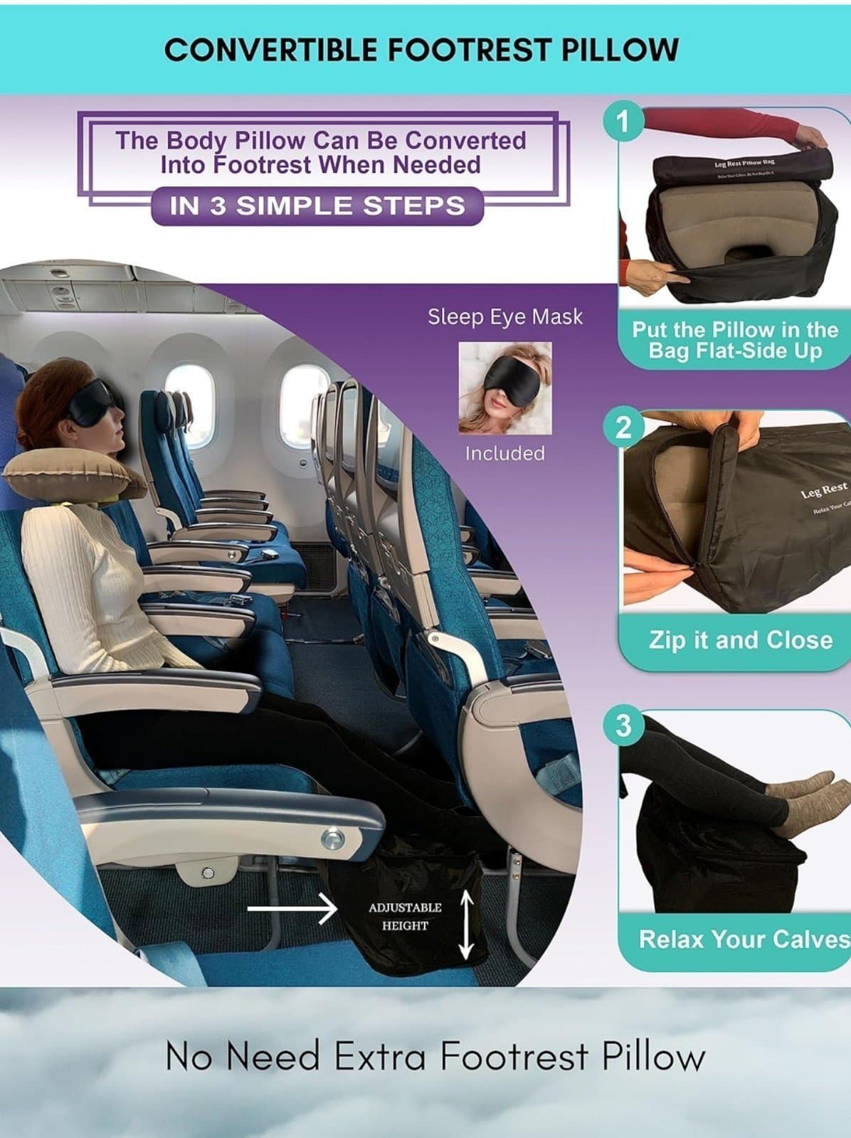 Relaax Airplane Travel Pillow Set – Inflatable Neck Pillow, Body Pillow & Conver - Thumbnail 5