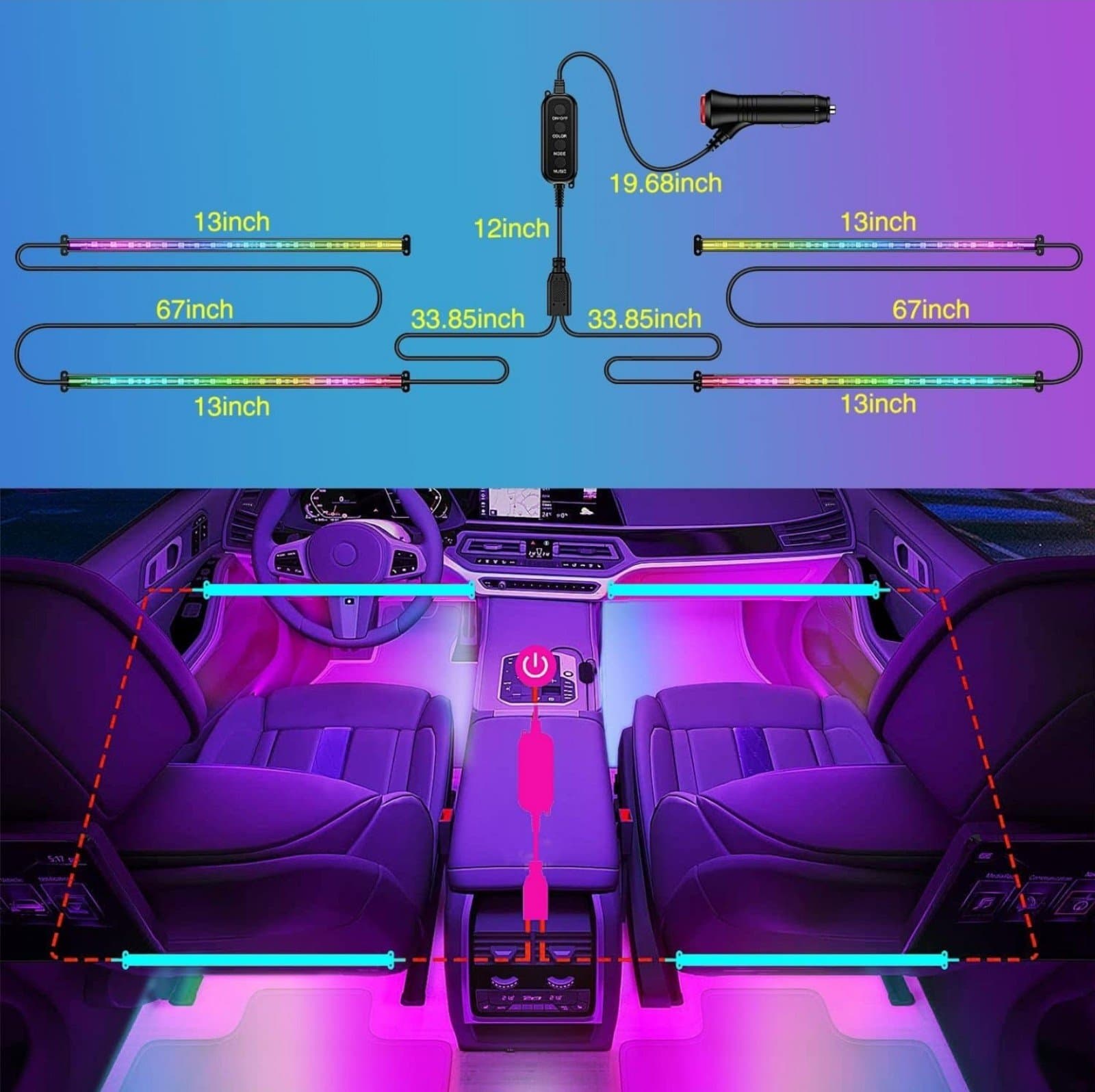 Interior Car Strip Lights DC 12V with App RF Remote Control Multicolor Under Car - Thumbnail 2