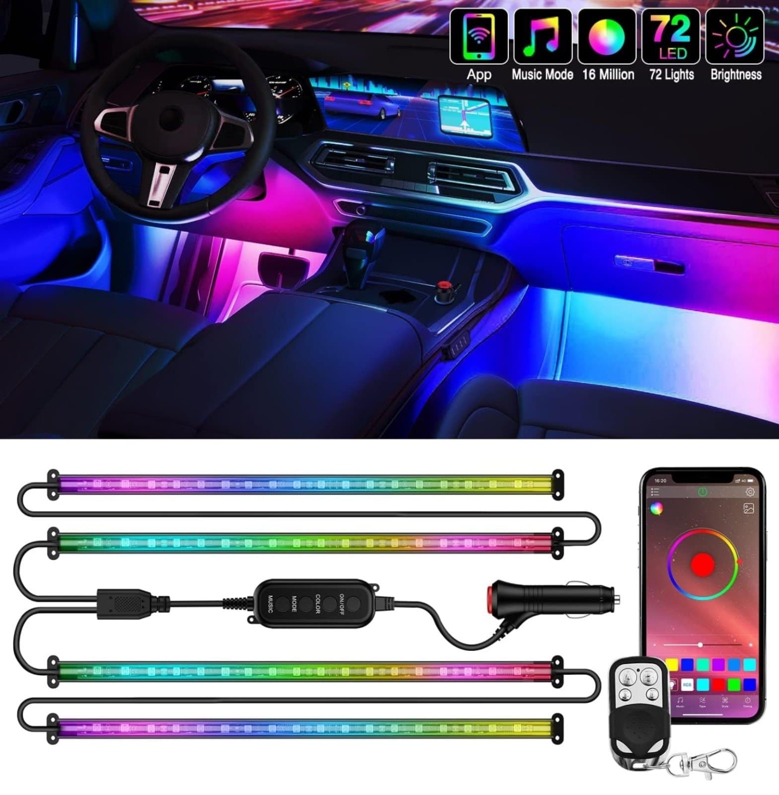 Interior Car Strip Lights DC 12V with App RF Remote Control Multicolor Under Car - Image 1