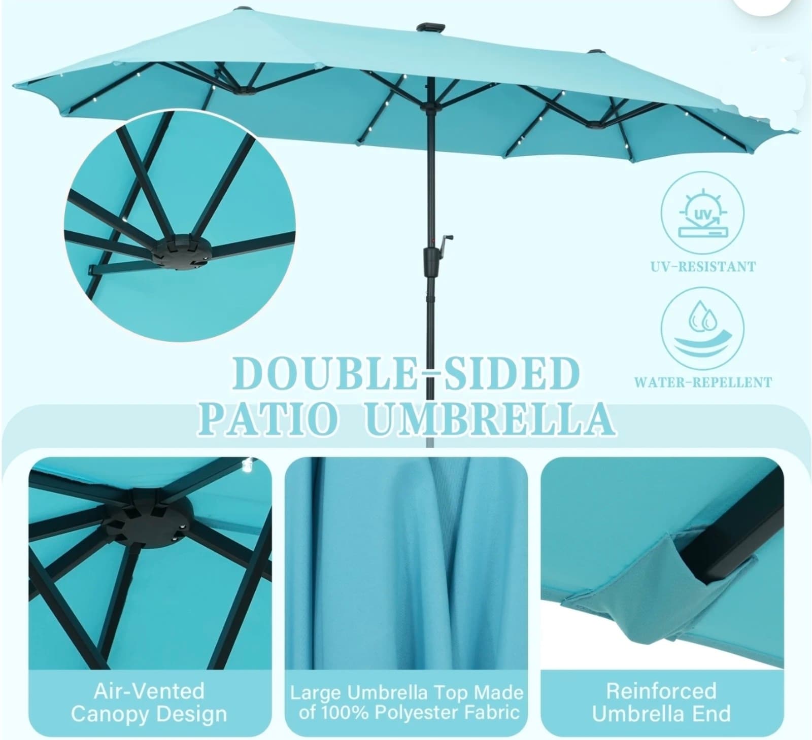 13' Patio Umbrella with 36 Solar Powered LED Lights & Matching Base - Thumbnail 5