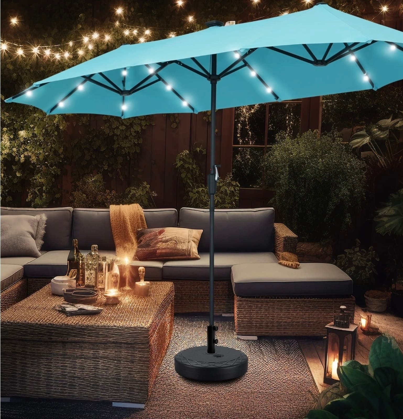 13' Patio Umbrella with 36 Solar Powered LED Lights & Matching Base - Thumbnail 2