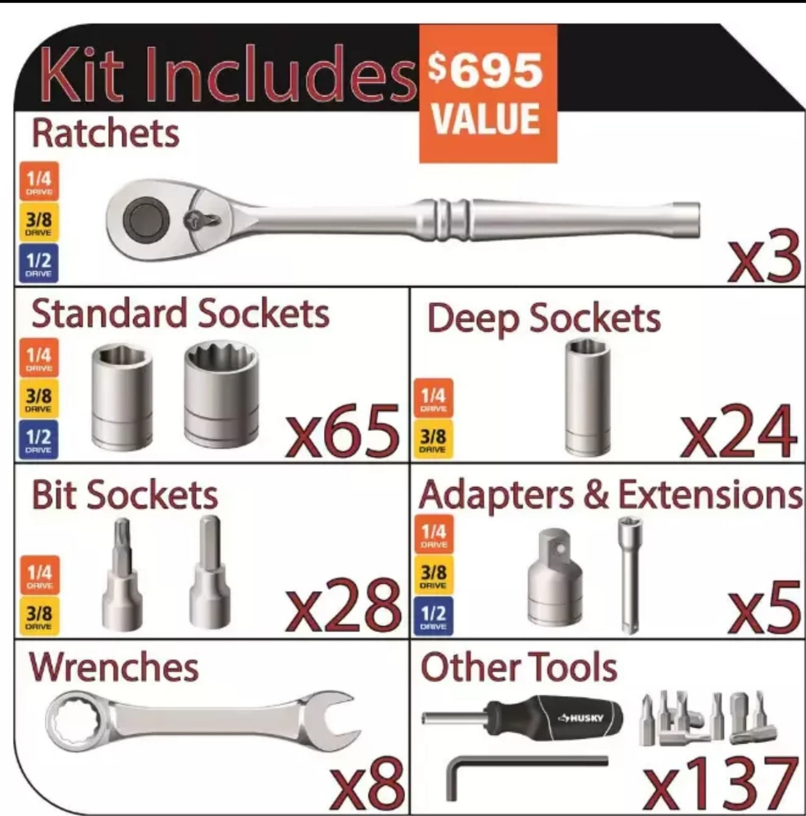 Husky Mechanics Tool Set 270 Piece Mechani'c Tools Set 3 Drawer Case Box - Thumbnail 3