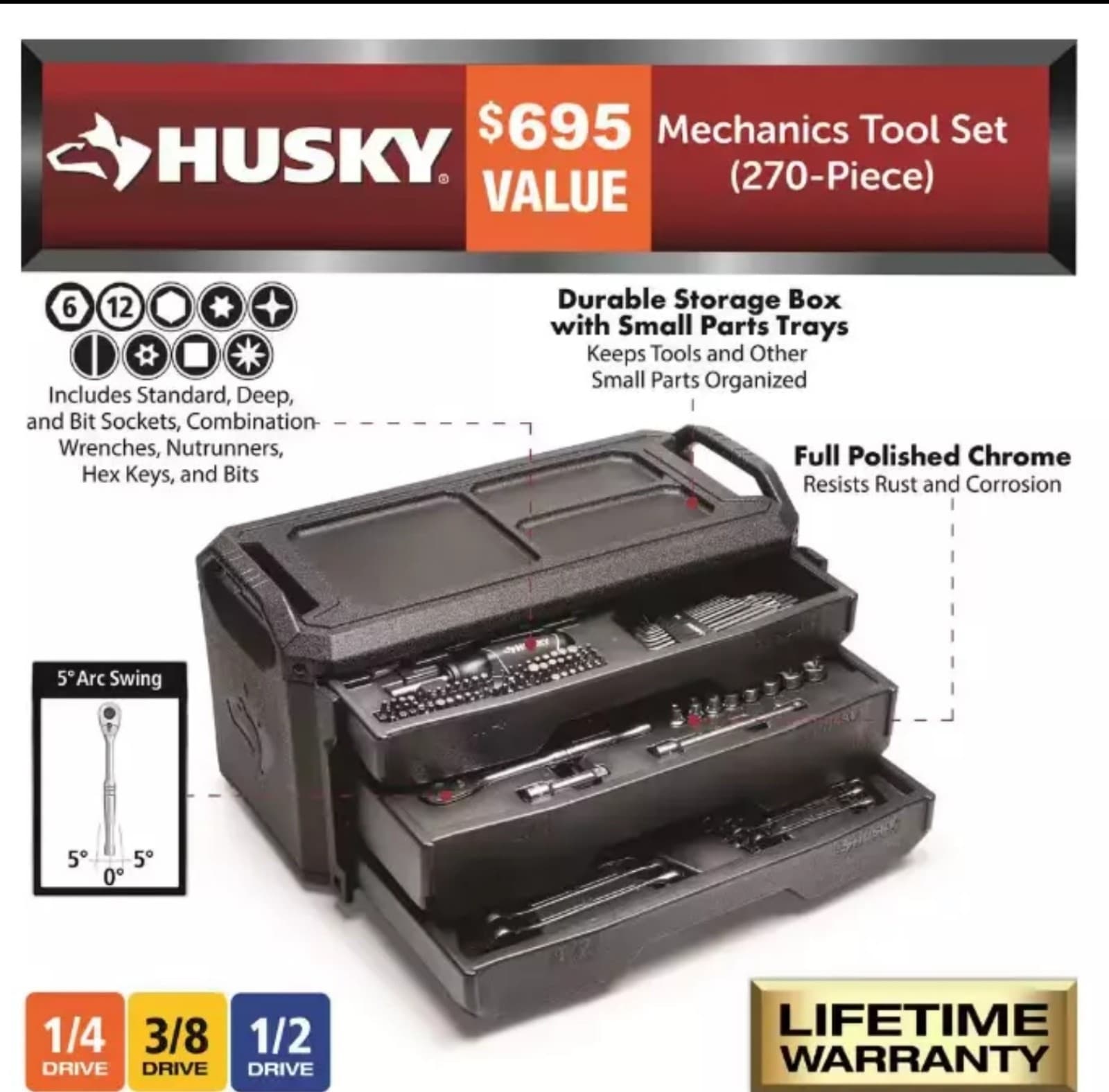 Husky Mechanics Tool Set 270 Piece Mechani'c Tools Set 3 Drawer Case Box - Thumbnail 2