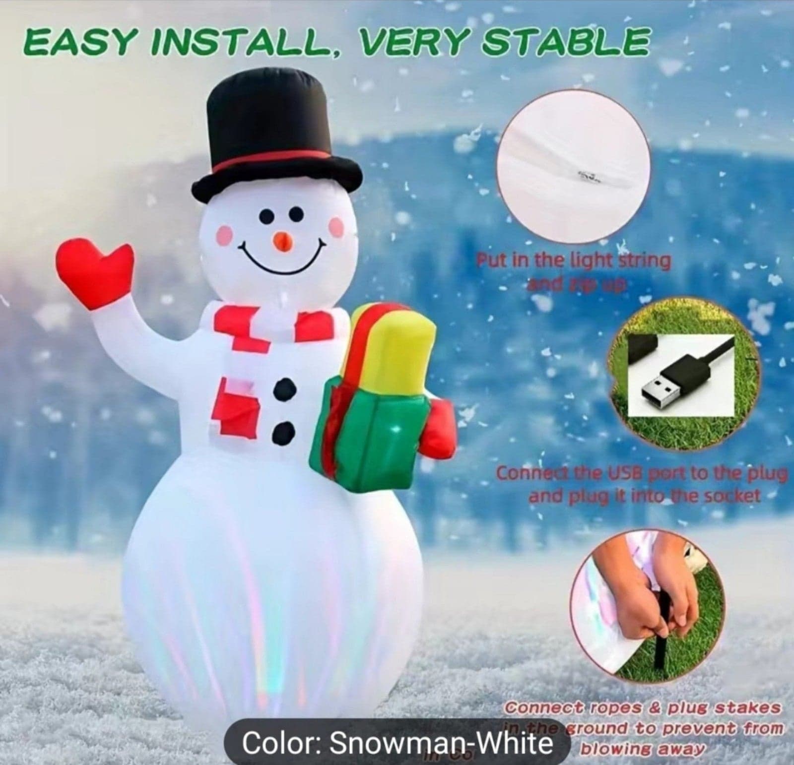 5FT Inflatable Snowman Colorful Rotating LED Lights - Thumbnail 2