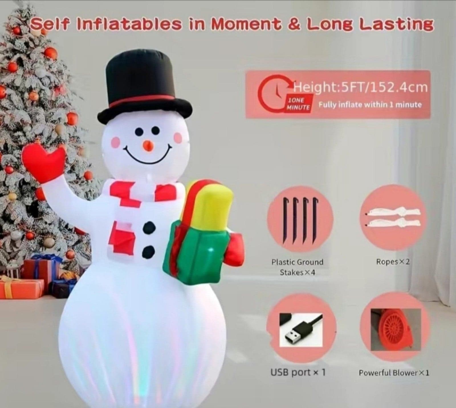 5FT Inflatable Snowman Colorful Rotating LED Lights - Thumbnail 3