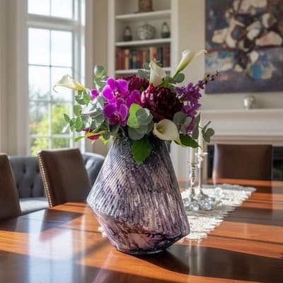 Abstract Ceramic Vase Purple Gray White Pattern 10in Decorative Home Decor