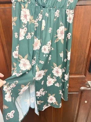 Green Floral Pleated A-Line Midi Dress Short Sleeve V-Neck Pullover Casual - Thumbnail 3