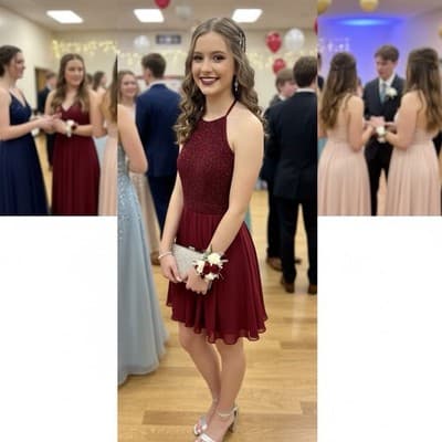 PROM This Burgundy Dress Provides The WOW Factor.Sleeveless Halter With Back Bow - Thumbnail 5