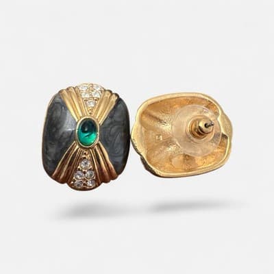 Vintage Y2K Gold Tone & Gunmetal Earrings Green Cabochon Rhinestone - Statement - Thumbnail 2