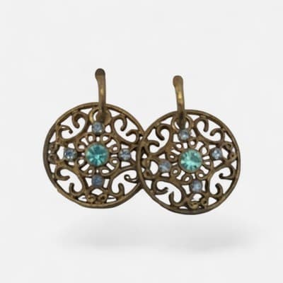 VINTAGE BAROQUE GOLD FILIGREE STATEMENT EARRINGS. AQUA BLUE STONE.ROMANTIC GLAM