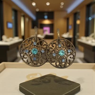 VINTAGE BAROQUE GOLD FILIGREE STATEMENT EARRINGS. AQUA BLUE STONE.ROMANTIC GLAM - Thumbnail 3