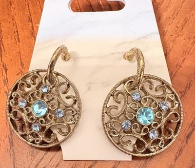 VINTAGE BAROQUE GOLD FILIGREE STATEMENT EARRINGS. AQUA BLUE STONE.ROMANTIC GLAM - Thumbnail 4