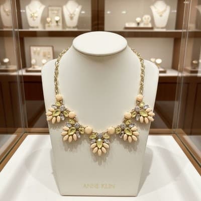 Anne Klein Gold Tone Floral Statement Necklace Cream Enamel Rhinestone (Heavier)