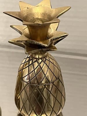 Pair of unpolished Brass Pineapple Candle Holders Diamond Pattern Engraved Gold - Thumbnail 3