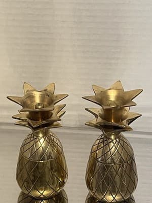 Pair of unpolished Brass Pineapple Candle Holders Diamond Pattern Engraved Gold