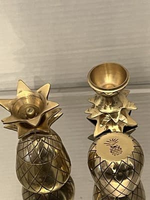 Pair of unpolished Brass Pineapple Candle Holders Diamond Pattern Engraved Gold - Thumbnail 6