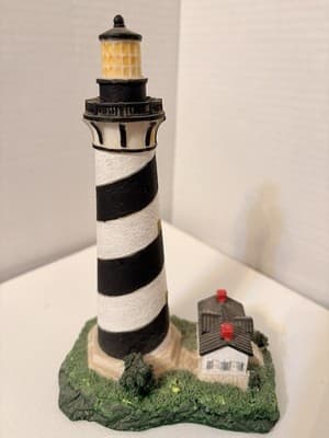 Lighthouse Figurine Hand Painted Black White Green Resin Nautical Sculpture - Thumbnail 2