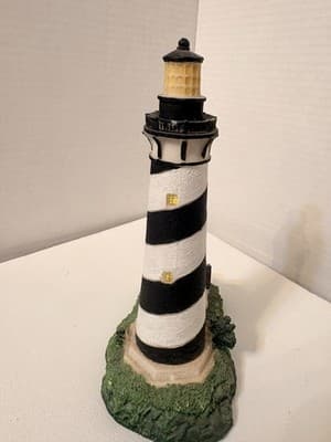 Lighthouse Figurine Hand Painted Black White Green Resin Nautical Sculpture - Thumbnail 3