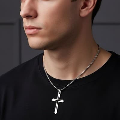 Men's Stainless Steel Cross Pendant Necklace, Silver Rolo Chain, 23.62in - Thumbnail 2