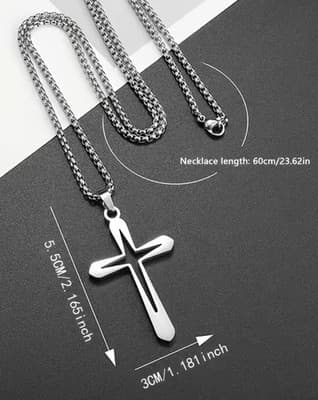 Men's Stainless Steel Cross Pendant Necklace, Silver Rolo Chain, 23.62in - Thumbnail 5