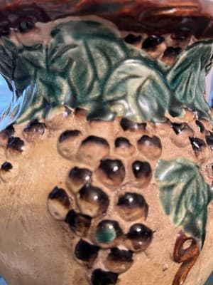 Majolica Style Ceramic Pitcher Grapevine Pattern Glossy Beige Brown Green Handle - Thumbnail 11