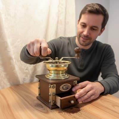 Vintage 1960s CAFFE Manual Burr Coffee Grinder Wood Brass Retro Hand Crank - Thumbnail 2