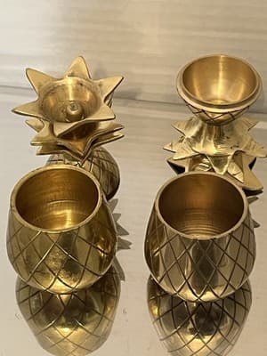 Pair of unpolished Brass Pineapple Candle Holders Diamond Pattern Engraved Gold - Thumbnail 5