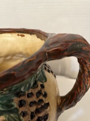 Majolica Style Ceramic Pitcher Grapevine Pattern Glossy Beige Brown Green Handle - Thumbnail 5