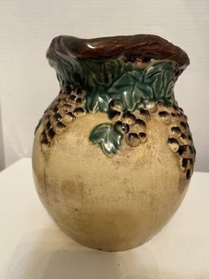 Majolica Style Ceramic Pitcher Grapevine Pattern Glossy Beige Brown Green Handle - Thumbnail 3