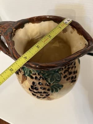 Majolica Style Ceramic Pitcher Grapevine Pattern Glossy Beige Brown Green Handle - Thumbnail 10