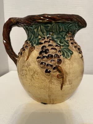 Majolica Style Ceramic Pitcher Grapevine Pattern Glossy Beige Brown Green Handle - Thumbnail 2